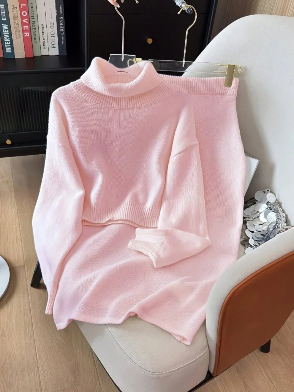 Pink Casual Women's High Neck Knit Sweater top  & skirt 2 piece set